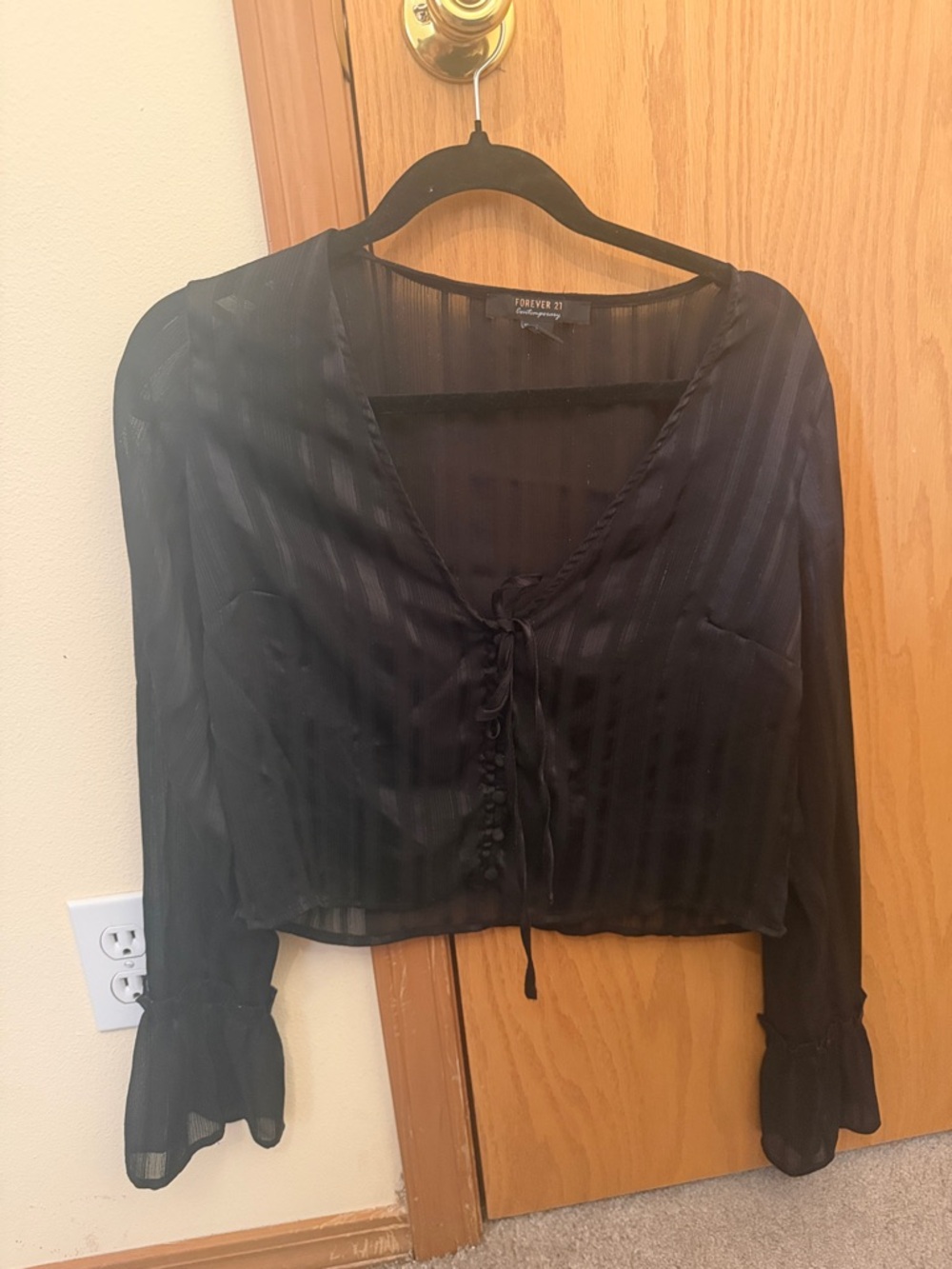 Forever 21 Black Sheer Tie-Front Crop Blouse
